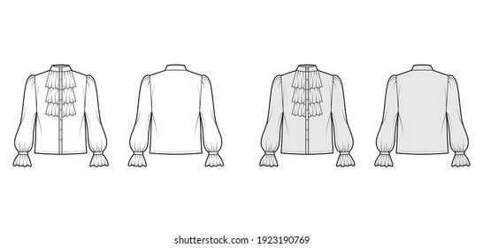 Poet pirate blouse technical fashion illustration with ruffles collar, bishop long sleeves, stand neck, loose fit, button up. Flat top template front, back, white, grey color. Women shirt CAD mockup