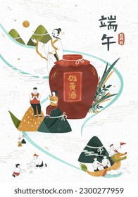 Poet Qu Yuan, realgar wine, miniature people sitting on giant rice dumplings, and dragon boat race on white background. Chinese translation: Duanwu. 5th of May in lunar calendar. Realgar wine