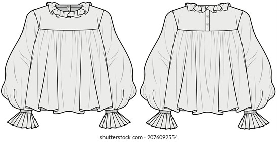 Poet Sleeve Empire Line Top With Neck Frill Front and Back View. Fashion Illustration, Vector, CAD, Technical Drawing, Flat Drawing.