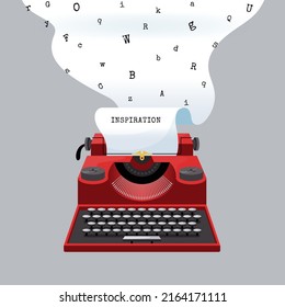 Poet typewriter. Poetry day. Author workplace. Writer inspiration banner. Literacy letter on isolated vintage paper. Writing machine. Typescript lettering. Novel text create. Vector concept