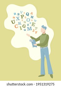 Poet writer reading his text poem. Young male person wearing sweater stand and recite his poetry work. Literature course hobby group announcement flyer picture. Colored flat character vector eps10.