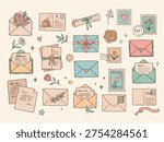 Poetcore mail set: whimsical hand-drawn vector set in pastel palette, envelopes, letters, postage stamps, flowers, leaves, ribbons, hearts, stars, and other cute doodle elements 