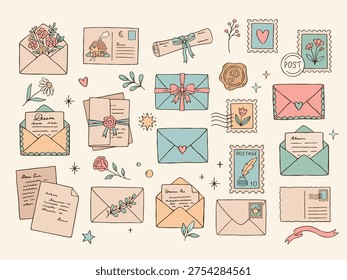 Poetcore mail set: whimsical hand-drawn vector set in pastel palette, envelopes, letters, postage stamps, flowers, leaves, ribbons, hearts, stars, and other cute doodle elements 