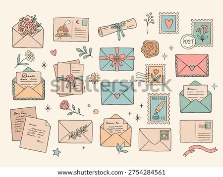 Poetcore mail set: whimsical hand-drawn vector set in pastel palette, envelopes, letters, postage stamps, flowers, leaves, ribbons, hearts, stars, and other cute doodle elements 