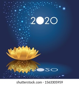 Poetic 2020 greeting card with stars coming out of a gold water lily that opens on a fairy and poetic new year.