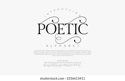 Poetic typography beauty fashion elegant minimalist serif italic fonts decorative wedding vintage retro logos. Minimal luxury font alphabet logo. Vector illustration