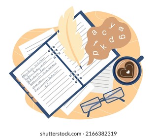 Poetry day concept. Notebook, pens and glasses. International day of literature, workplace of talented author or copywriter. Creative personality, poems and stories. Cartoon flat vector illustration