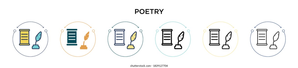Icono de poesía en estilo relleno, delgado, contorno y trazo. Ilustración vectorial de dos iconos vectoriales de poesía de color y negro se puede usar para móviles, ui, web