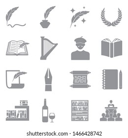 Poetry Icons. Gray Flat Design. Vector Illustration.