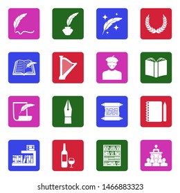 Poetry Icons. White Flat Design In Square. Vector Illustration.