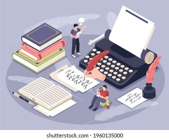 Poetry isometric concept with literature writing and reading symbols vector illustration