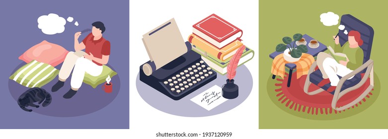 Poetry isometric design concept with literature symbols isolated vector illustration