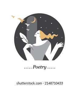 Poetry, Literature, Copywriting. The Figure Of A Poet, Writer, Writer Of Poetry Against The Background Of The Night Sky. Literary Creativity.