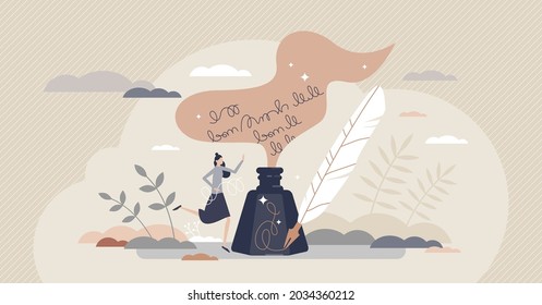 Poetry and literature story writing with ink and feather tiny person concept. Author creative handwriting process scene as classic arts and culture vector illustration. Novel manuscript or calligraphy