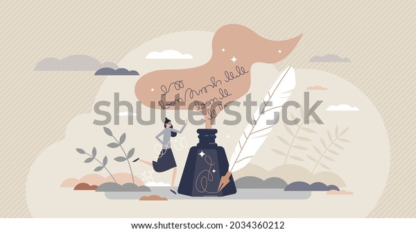 Poetry and literature story writing with ink\
and feather tiny person concept. Author creative handwriting\
process scene as classic arts and culture vector illustration.\
Novel manuscript or\
calligraphy