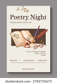 Poetry Night poster with vector illustration of open book, quill, pen and inkwell. Elegant literary event invitation template for open mic and live reading at library in warm vintage style.