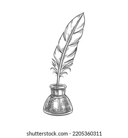 Objeto de poesía, base de tinta retro con boceto aislado de pluma de plumas. Vector inkwell, herramienta de escritura antigua