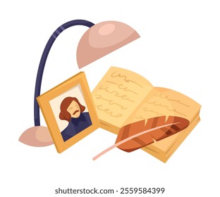 Poetry with Quill and Book as School Education Item and Supply Composition Vector Illustration