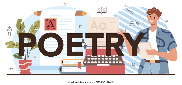Poetry typographic header. Study ancient writer and modern novel. Literature school subject. Literary academic course. Idea of education and knowledge. Vector illustration