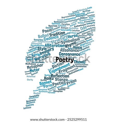 Poetry Word Cloud. Composition of Words Related to Poetic Forms, Techniques, and Analysis. Isolated Background.