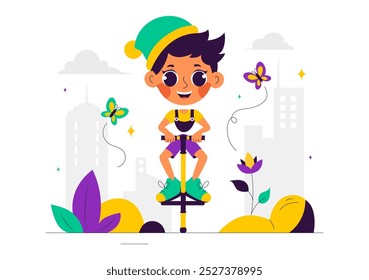 Pogo Stick Jumping Sport Vector Illustration in Outdoor Playful Scene in a Flat Style Cartoon Background