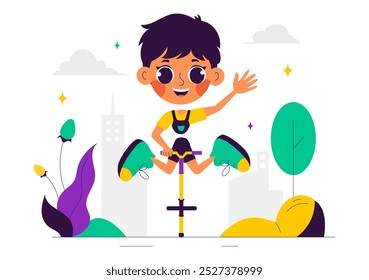 Pogo Stick Jumping Sport Vector Illustration in Outdoor Playful Scene in a Flat Style Cartoon Background