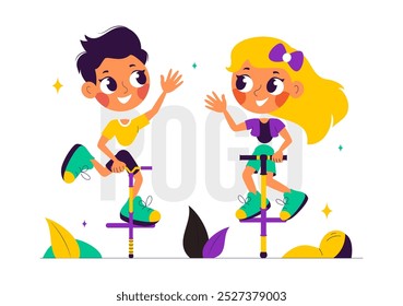Pogo Stick Jumping Sport Vector Illustration in Outdoor Playful Scene in a Flat Style Cartoon Background