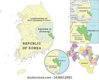 Pohang-si (Pohang) location on Gyeongsangbuk-do (North Gyeongsang Province) and Republic of Korea (South Korea) map. Clored. Vectored