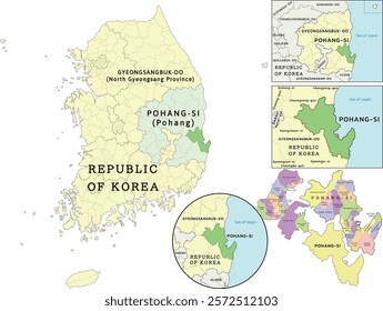 Pohang-si (Pohang) location on Gyeongsangbuk-do (North Gyeongsang Province) and Republic of Korea (South Korea) map. Colored. Vectored