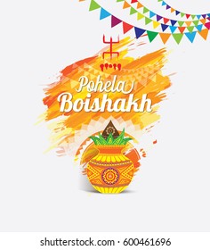 Pohela Boishakh Template Design on Abstract Background  with Mangal Kalash