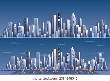 POI. Urban silhouette landscape. Abstract horizontal banner, background cityscape. Panorama in frat style, header images for web. City buildings of business district. Vector illustration geometric