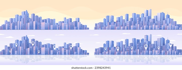 POI. Urban silhouette landscape. Abstract horizontal banner, background cityscape. Panorama in frat style, header images for web. City buildings of business district. Vector illustration geometric