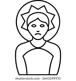A poignant black outline illustration depicts a depressed saint or figure, burdened by sorrow, with a starburst halo. This minimalist vector artwork, rendered in line art, embodies themes of grief.