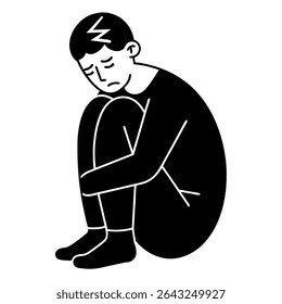 Uma pungente ilustração em preto e branco retrata uma pessoa superada pela depressão e tristeza.