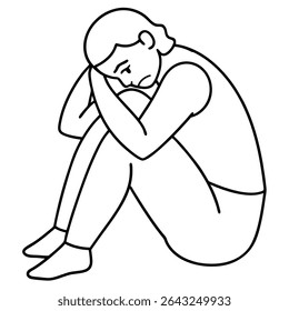 Uma pungente ilustração em preto e branco retrata uma pessoa enrolada na posição fetal, transmitindo intensa tristeza e desespero. Este gráfico minimalista representa a depressão