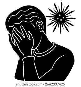 Uma pungente ilustração vetorial em preto e branco retrata uma figura deprimida, simbolizando lutas pela saúde mental.