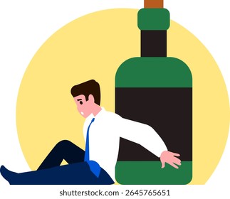 Um pungente vetor cartoon ilustrando um alcoólatra sentado em uma garrafa. Esta imagem aborda temas de vício, questões de saúde e as lutas associadas ao alcoolismo