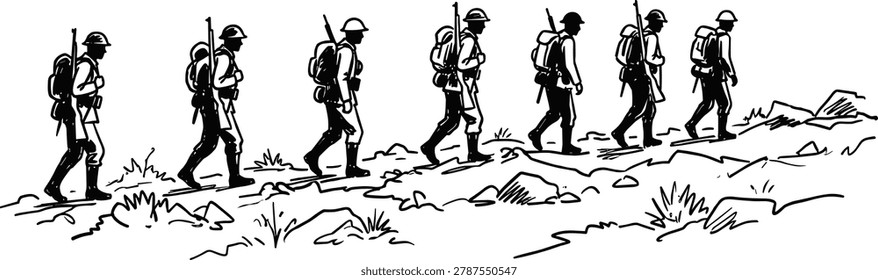 A poignant hand-drawn doodle vector illustration depicting a platoon of seven historical infantry soldiers marching in a single-file line across a rugged rocky ridge. The military scene captures historical warfare details with the troops wearing classic combat uniforms, helmets, and backpacks while carrying rifles, set against a backdrop of distant mountains and a rising plume of smoke from a battlefield explosion. Ideal for history textbooks, military documentaries, war commemoration graphics, and tactical concepts.