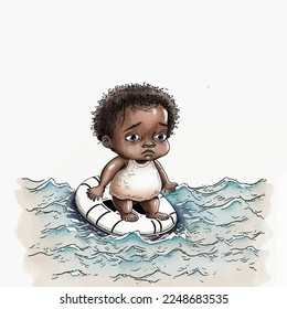 A poignant illustration highlighting the danger and distress experienced by families crossing the Mediterranean with a shipwrecked African child.