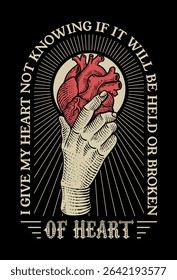 A poignant vector illustration in an engraving style, depicting a hand gently offering a human anatomical heart, surrounded by radiating light and a circular text frame.