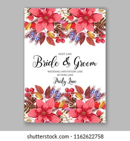 Poincettia autumn fall leaves wedding invitation floral vector background