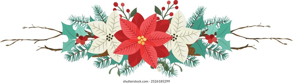 Poinsettia. Christmas decoration. Christmas wreath with poinsettia