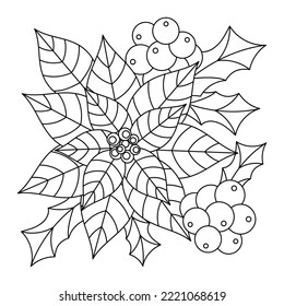 Poinsettia christmas flower. Coloring book page for adult. Hand drawn Holiday illustration. Vector greeting card