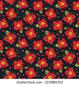 Poinsettia Christmas Flower. Seamless pattern with Christmas botanical plants, flowers.