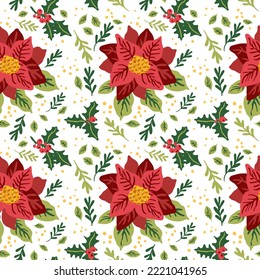 Poinsettia Christmas Flower. Seamless pattern with Christmas botanical plants, flowers.