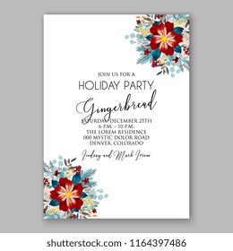 Poinsettia Christmas party invitation flyer poster winter floral vector background bridal shower baby shower christening baptism birthday card anniversary poinsettia fir pine winter holiday wreath