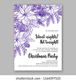 Poinsettia Christmas party invitation flyer poster winter floral vector background  violet ink pen drawn christening baptism birthday card anniversary poinsettia fir pine winter holiday wreath