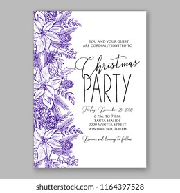 Poinsettia Christmas party invitation flyer poster winter floral vector background  violet ink pen drawn christening baptism birthday card anniversary poinsettia fir pine winter holiday wreath