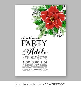 Poinsettia Christmas party invitation flyer poster winter floral vector background bridal shower baby shower christening baptism birthday card anniversary poinsettia fir pine winter holiday wreath