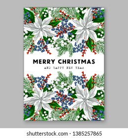 Poinsettia Christmas Party Invitation Poster Flyer for winter holiday event fiesta Red white flowers fir pine evergreen winter wreath red  blue berry